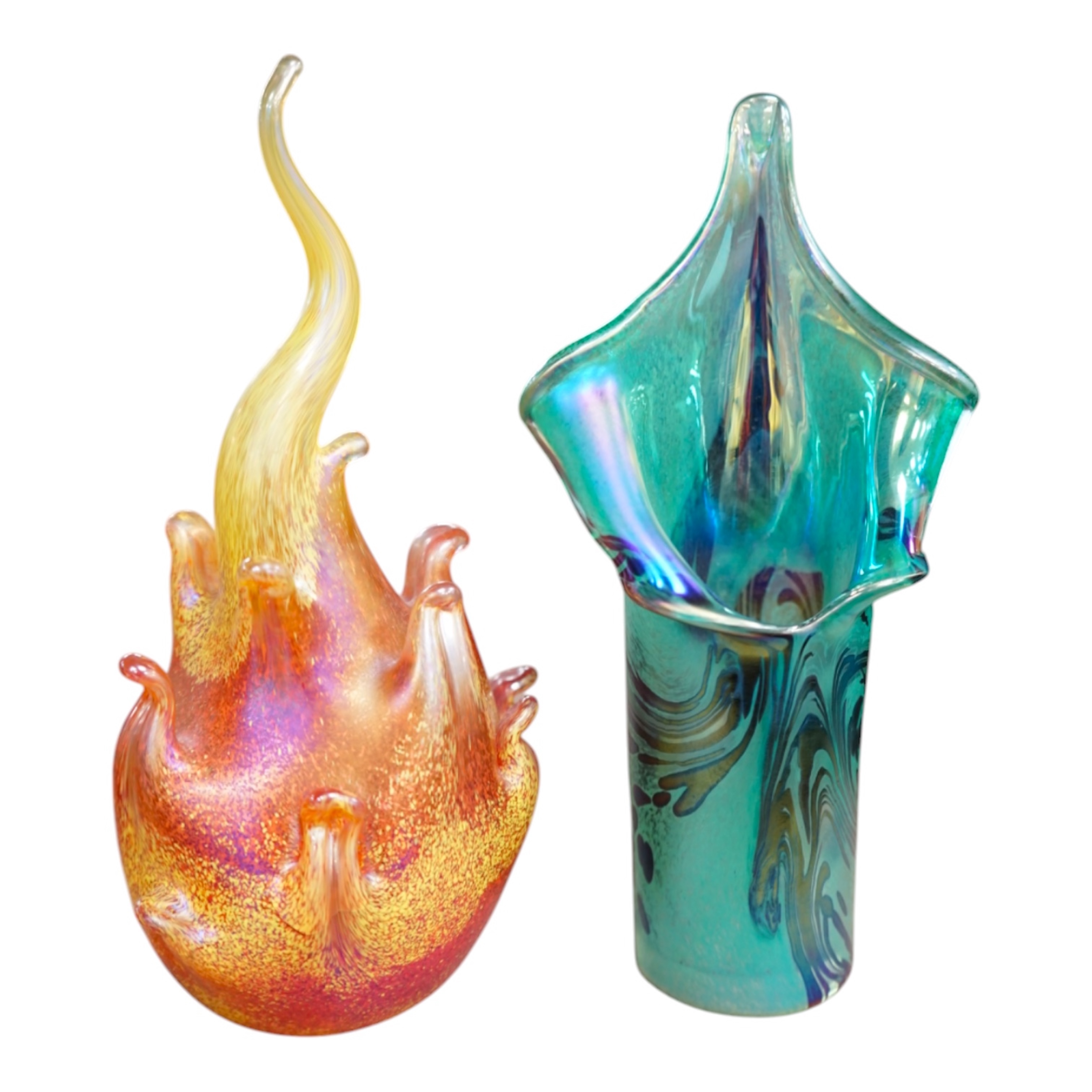 Two Glasform art glass vases, tallest orange flame 21cm high. Condition - good